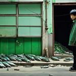 ** A melancholic scene inspired by Lee Chang-dong's "Green Fish", depicting a young man surrounded by urban decay, symbolizing lost innocence and the impact of a corrupt environment, evoking a sense of hopelessness.

**