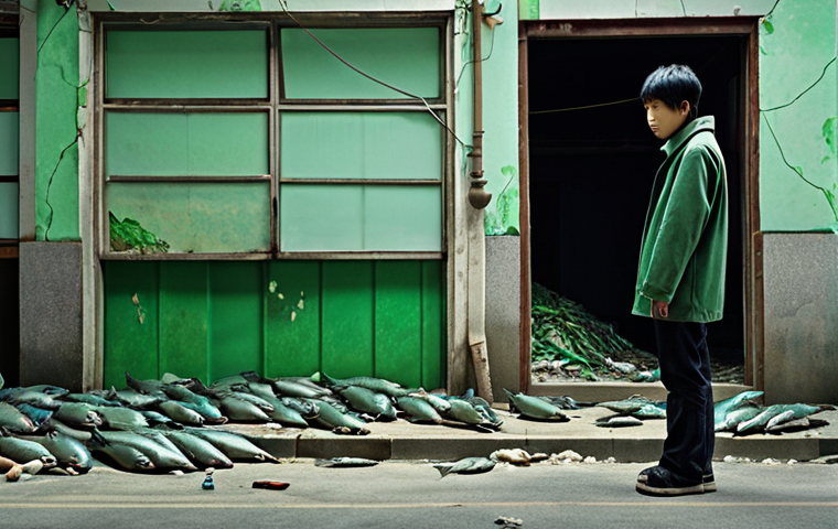 ** A melancholic scene inspired by Lee Chang-dong's "Green Fish", depicting a young man surrounded by urban decay, symbolizing lost innocence and the impact of a corrupt environment, evoking a sense of hopelessness.

**