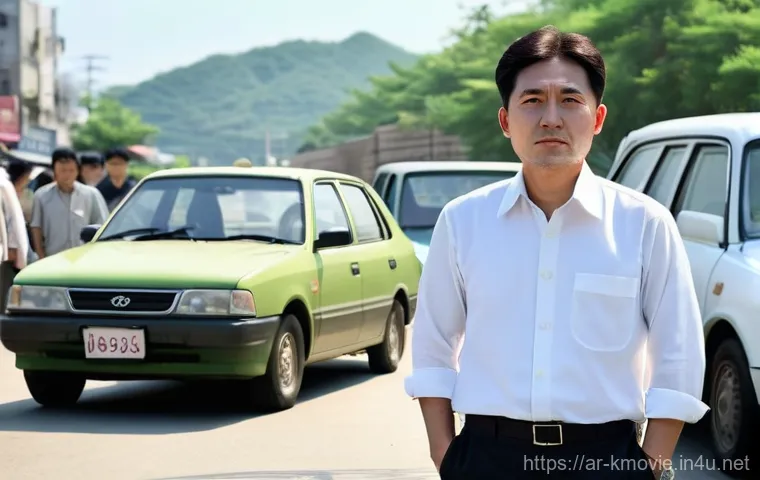 택시운전사 의 흥행 요인 분석 - **A Korean taxi driver, Kim Man-seob, in his late 30s, with a weary but watchful expression, wearing...