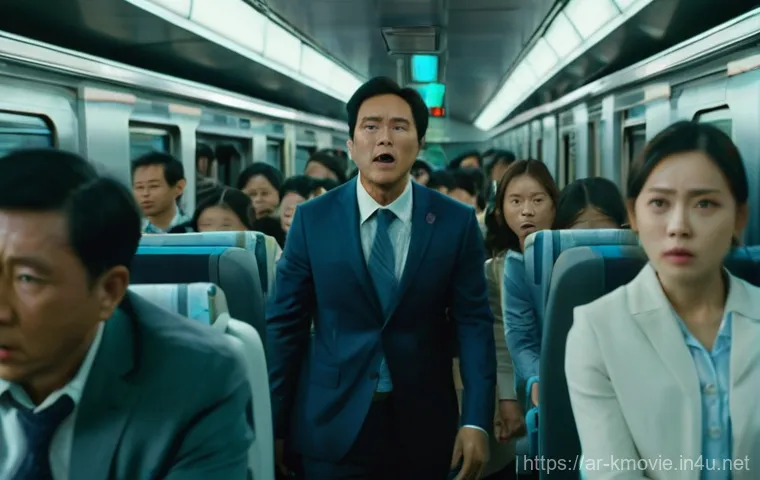 반도 와 부산행 비교 - **"Train to Busan: Human Resolve Amidst Confined Chaos"**
A high-angle, cinematic shot capturing...