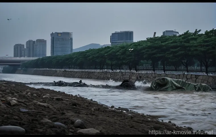영화 괴물 스토리 및 개봉일 - **Prompt 1: Initial Chaos at Han River**
A wide, dynamic shot of the Han River banks in Seoul, d...