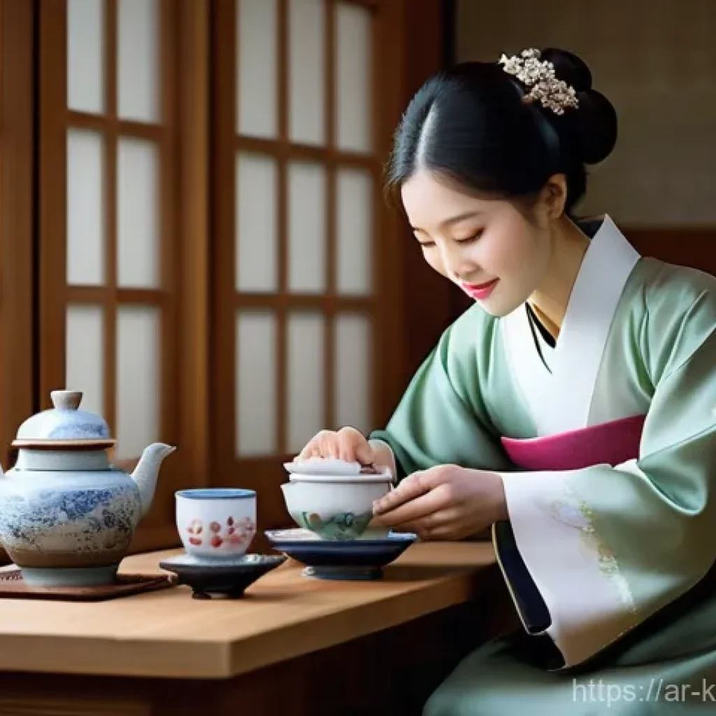 한국 영화 해외 개봉작 소개 - **Prompt:** A visually rich scene set in a traditional yet modern Korean tea house. A young Korean w...