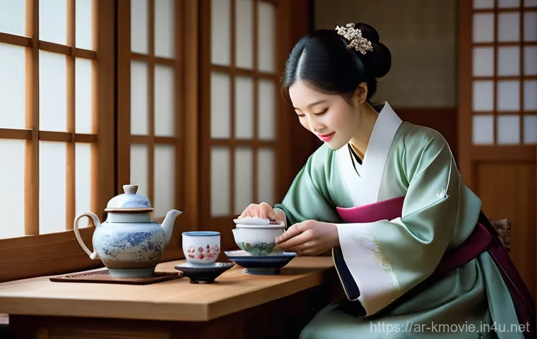 한국 영화 해외 개봉작 소개 - **Prompt:** A visually rich scene set in a traditional yet modern Korean tea house. A young Korean w...