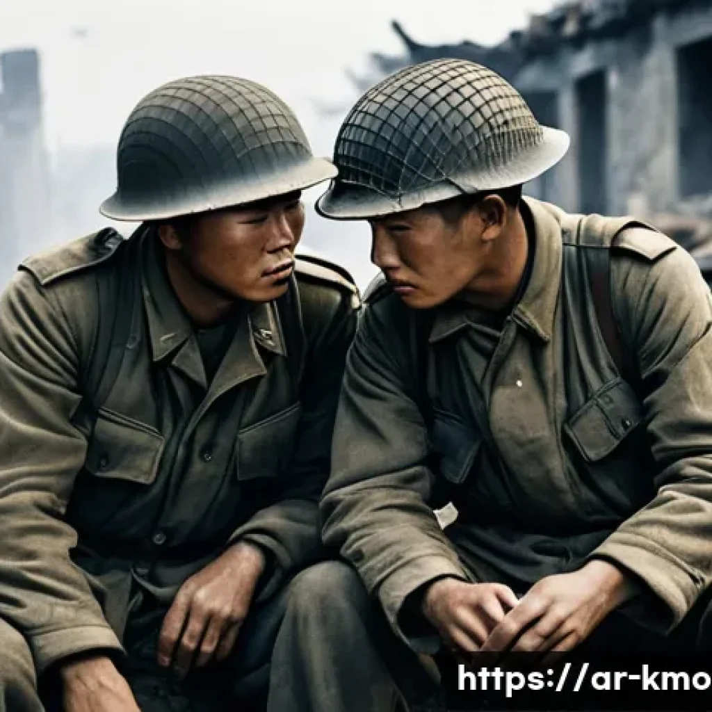 한국 전쟁 영화 TOP 5 - **Prompt:** A poignant scene depicting two Korean War soldiers, appearing as close comrades or broth...