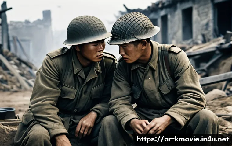 한국 전쟁 영화 TOP 5 - **Prompt:** A poignant scene depicting two Korean War soldiers, appearing as close comrades or broth...